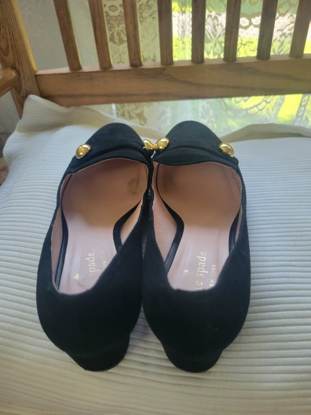 Kate Spade New York Black Suede Block Heel Loafer Pumps Gold Sz 8 - Picture 4 of 7